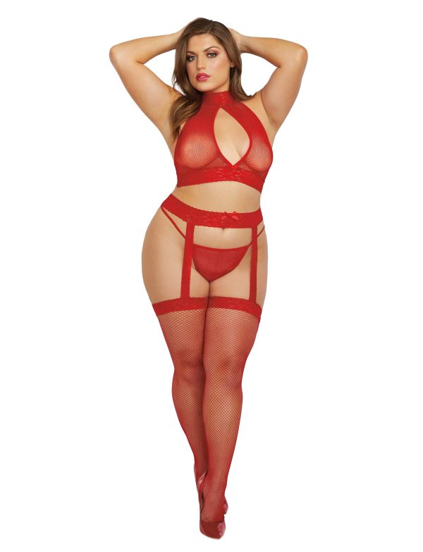 Ensemble résille grande taille, rouge 3 pièces DREAMGIRL