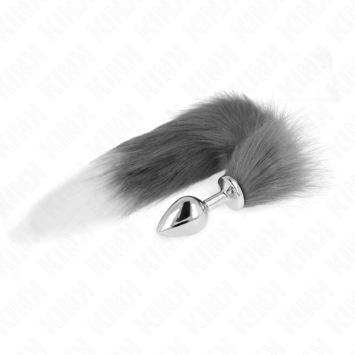 PLUG ANAL TAILLE M 8 X 3,5 CM AVEC QUEUE SYNTHÉTIQUE 40 CM GRIS ET BLANC